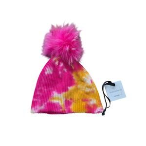 NWT Linda Richards Tie Dye Detachable Fox Fur Pom Pom Hats Pink Yellow